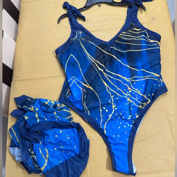 NEW Swimsuit + Sarong  Set,  blue and gold - #SW-SAR-0004 - Picture 9 of 14